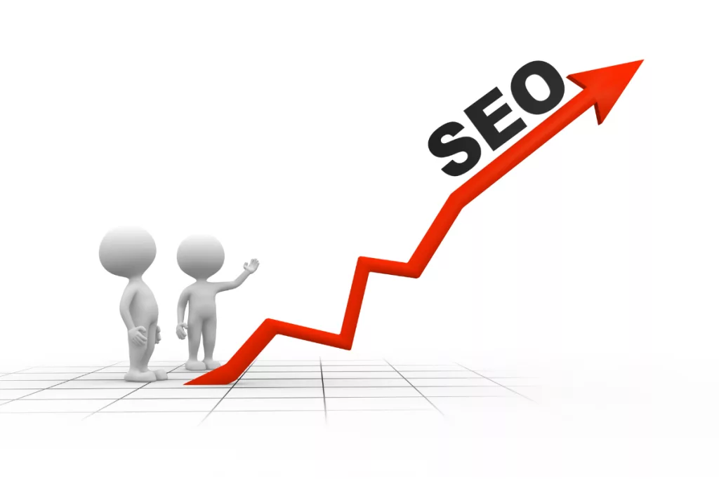 Two people standing next to an arrow pointing to seo.