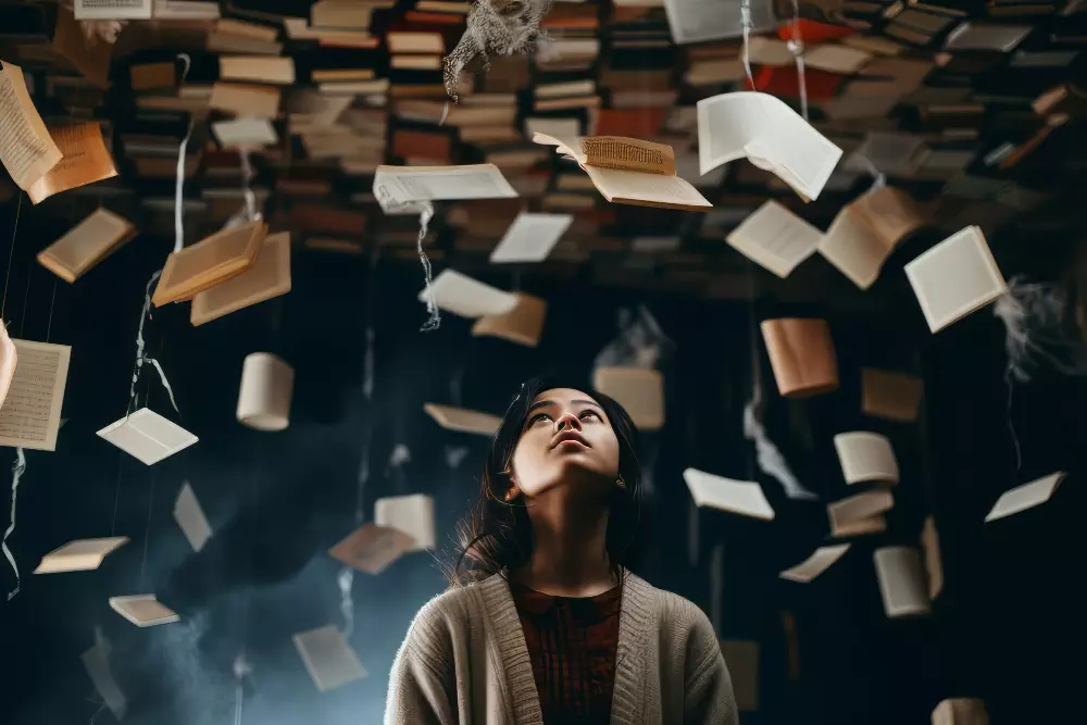 Woman gazing at floating books in a mystical library scene with ethereal lighting.